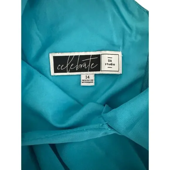 Celebrate DB Studio Teal Chiffon Long Sleeve V-Neck Dress SZ 14 Bridesmaid Gown - Picture 8 of 13